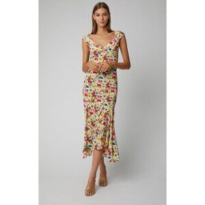 Saloni Daphne C Silk Sweetheart Midi Dress 2 Neutrals Floral Vneck